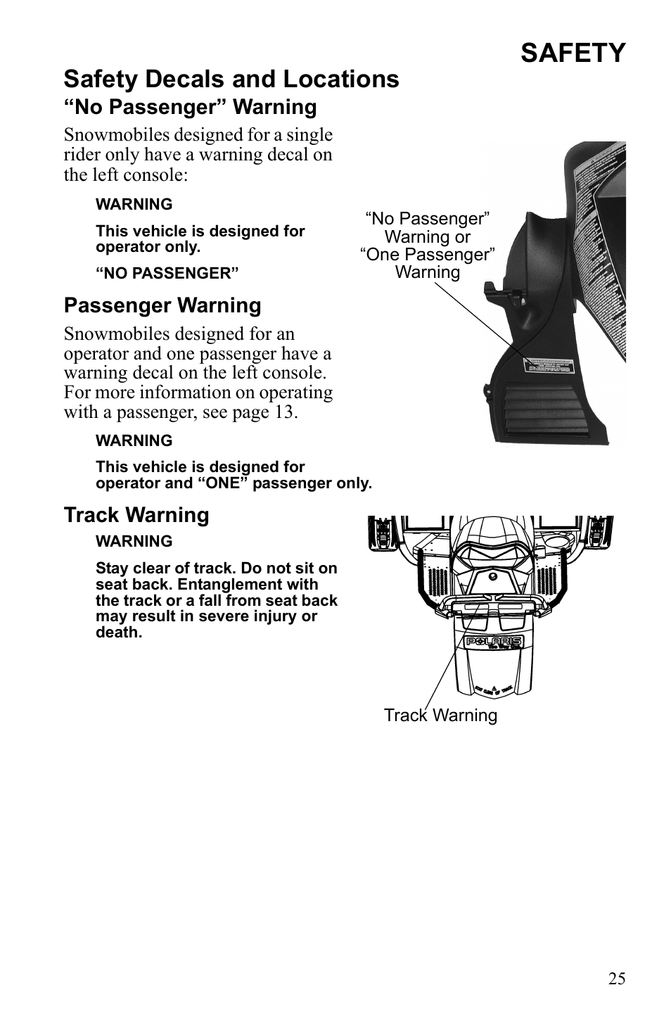 Safety, Safety decals and locations, No passenger” warning | Passenger warning, Track warning | Polaris 2010 FST IQ Touring User Manual | Page 28 / 165