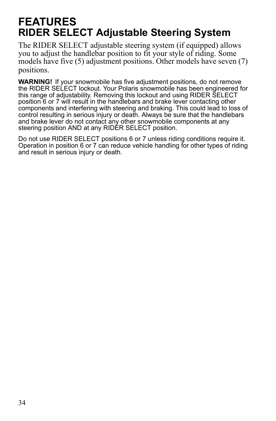 Features, Rider select adjustable steering system | Polaris 2010 FST IQ Touring User Manual | Page 37 / 165