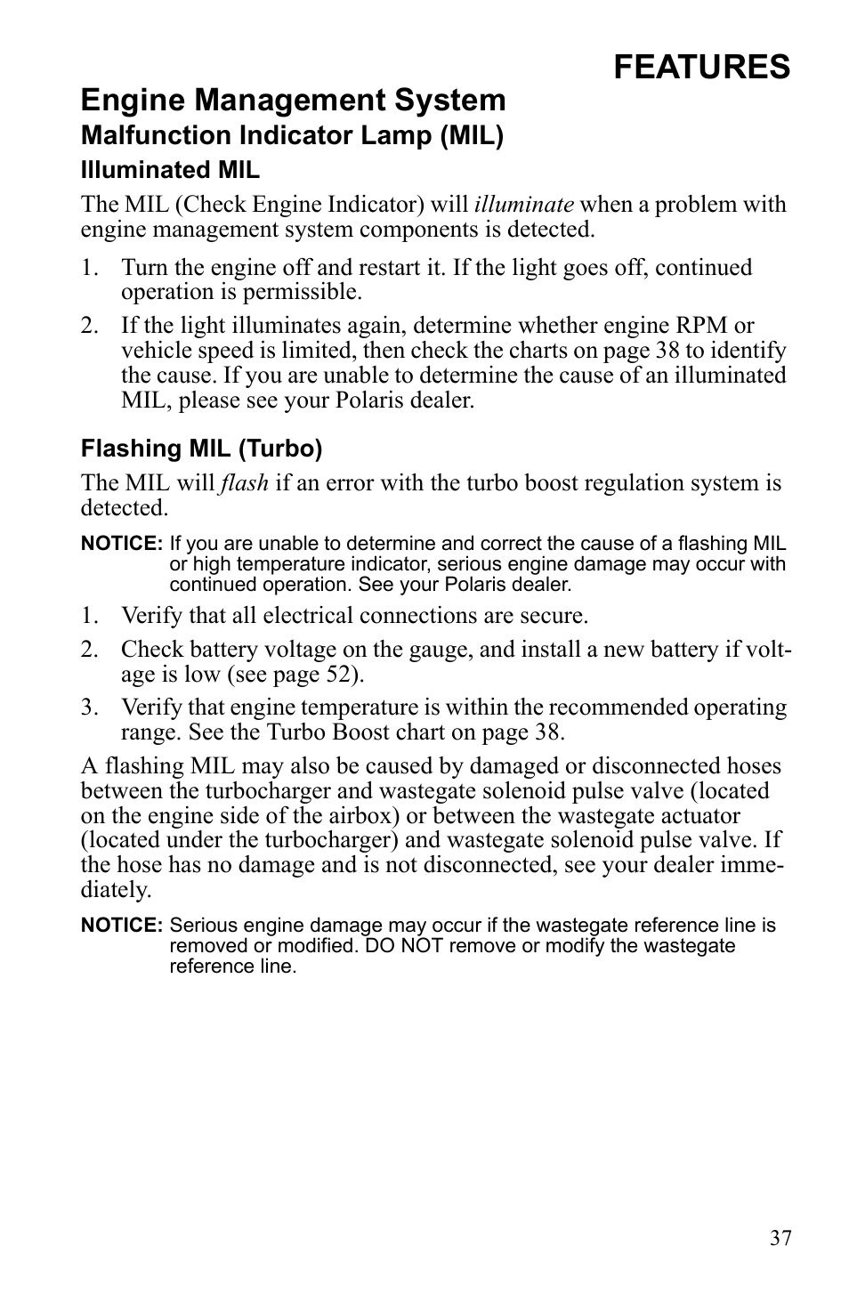 Features, Engine management system | Polaris 2010 FST IQ Touring User Manual | Page 40 / 165