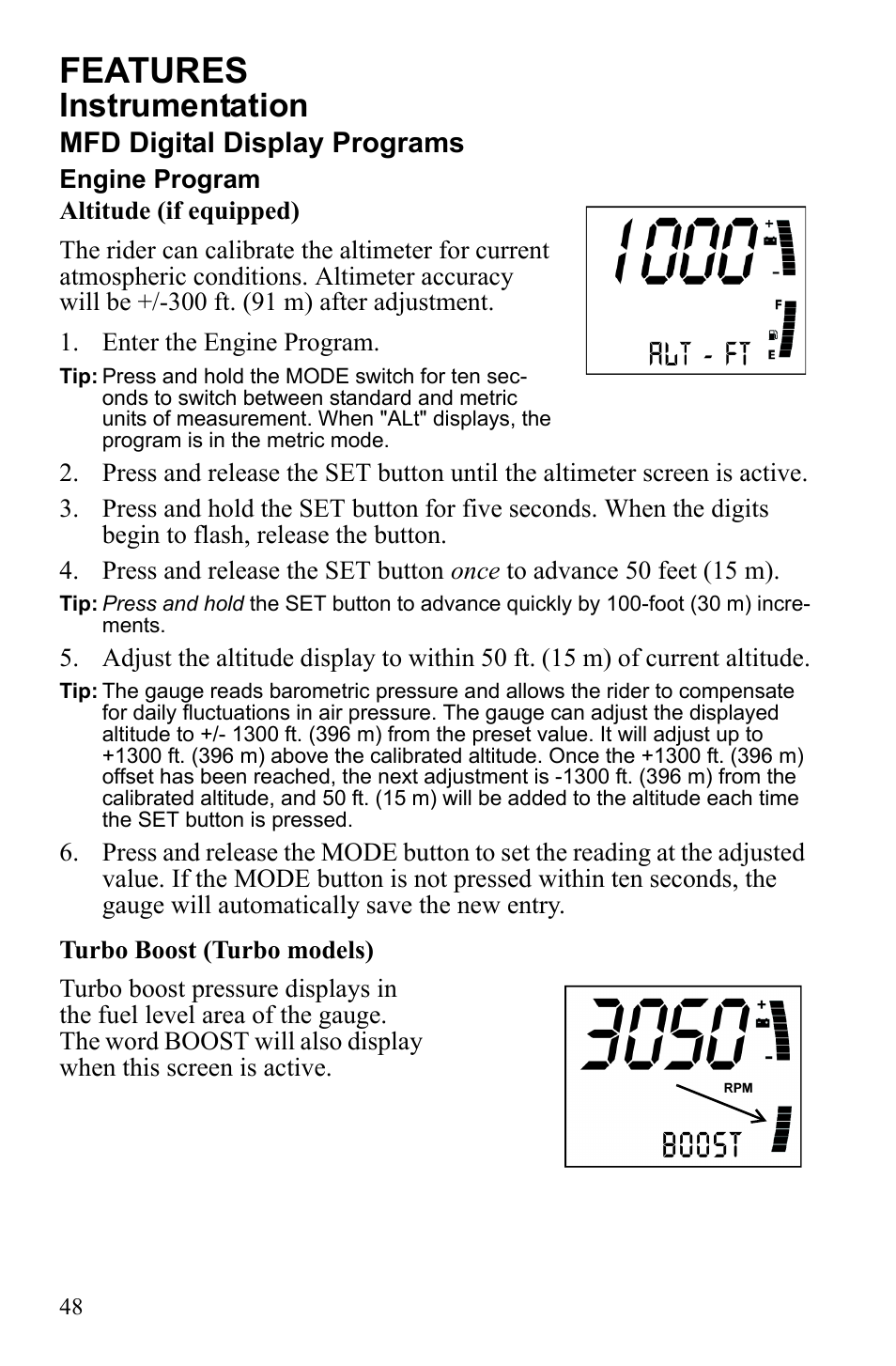 Features, Instrumentation, Mfd digital display programs | Polaris 2010 FST IQ Touring User Manual | Page 51 / 165