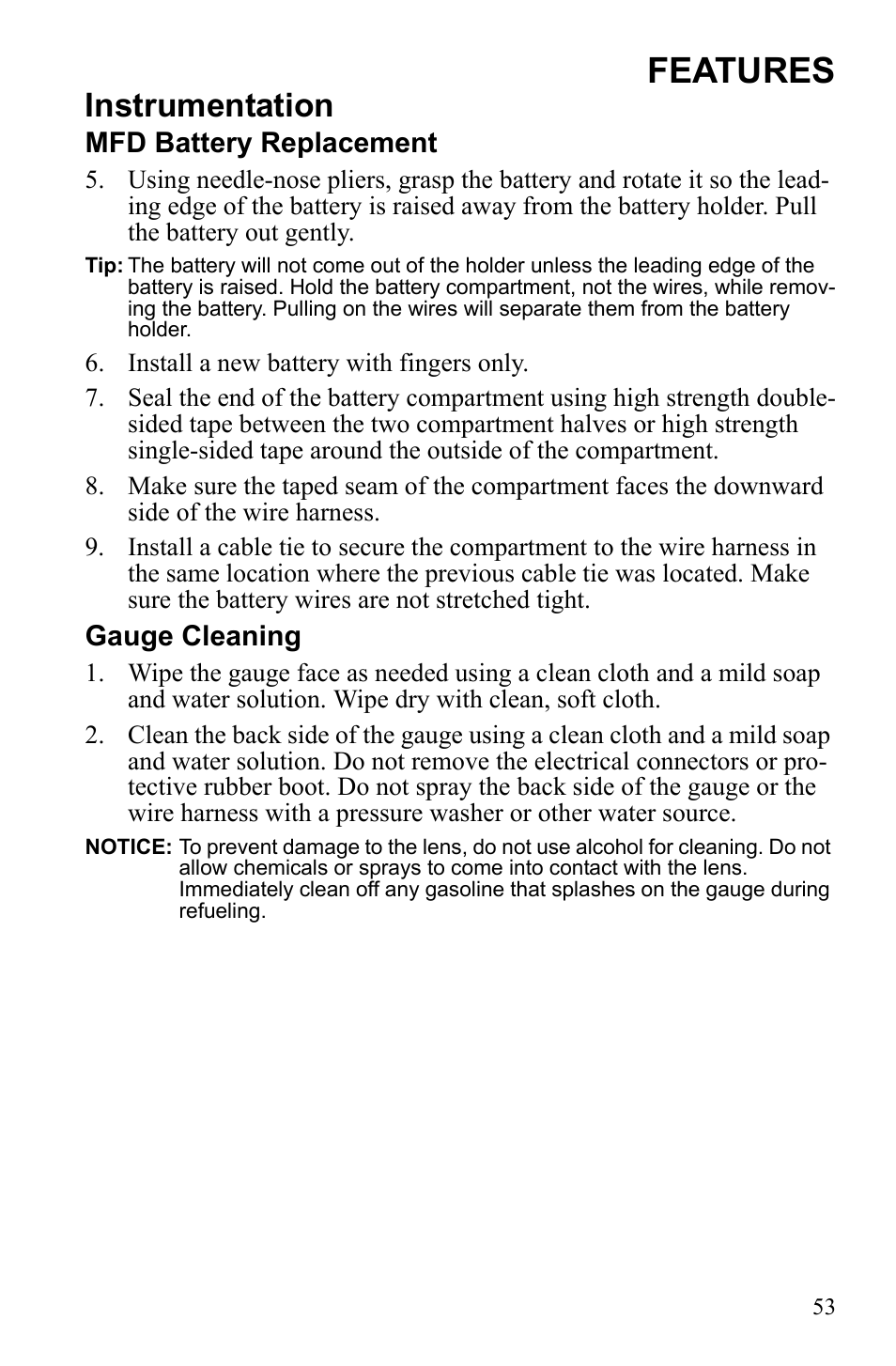 Features, Instrumentation, Mfd battery replacement | Gauge cleaning | Polaris 2010 FST IQ Touring User Manual | Page 56 / 165