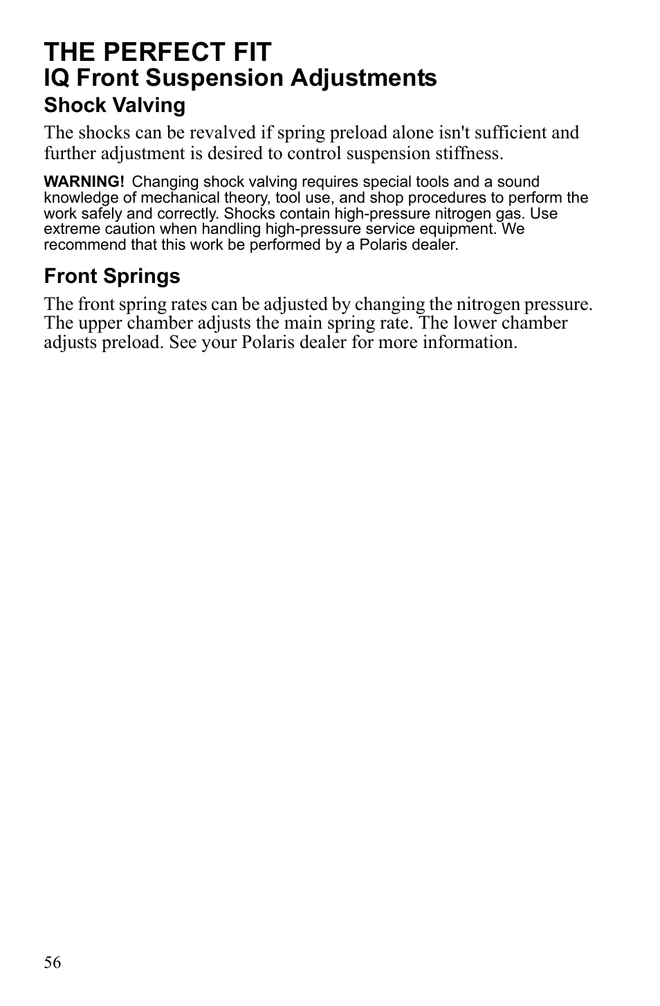 The perfect fit, Iq front suspension adjustments | Polaris 2010 FST IQ Touring User Manual | Page 59 / 165