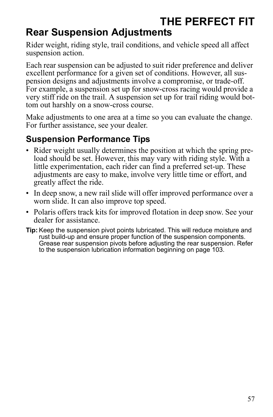 The perfect fit, Rear suspension adjustments | Polaris 2010 FST IQ Touring User Manual | Page 60 / 165