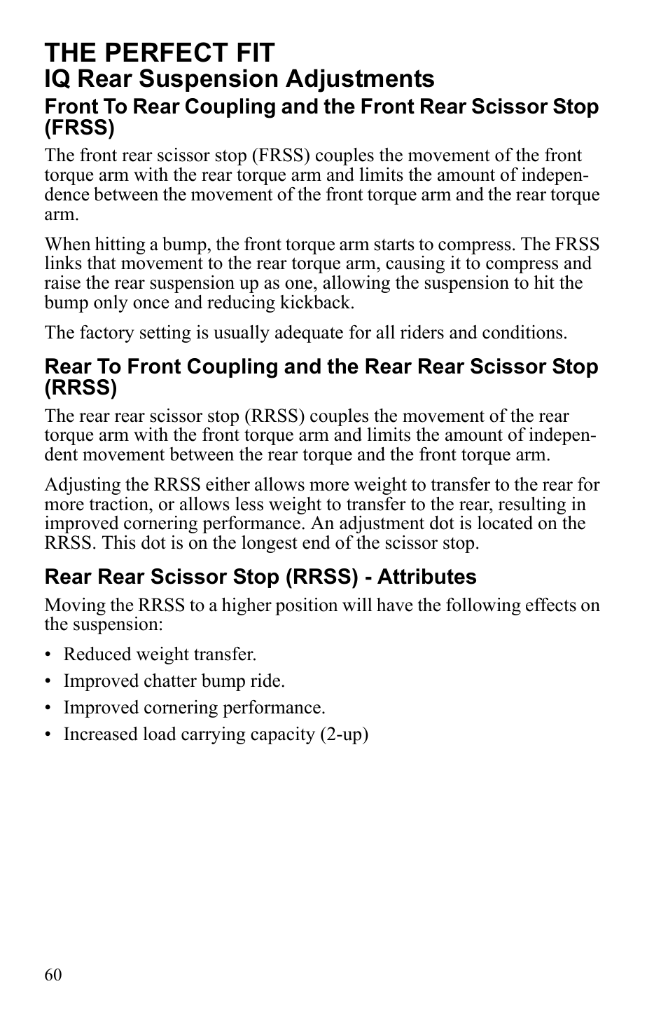 The perfect fit, Iq rear suspension adjustments | Polaris 2010 FST IQ Touring User Manual | Page 63 / 165