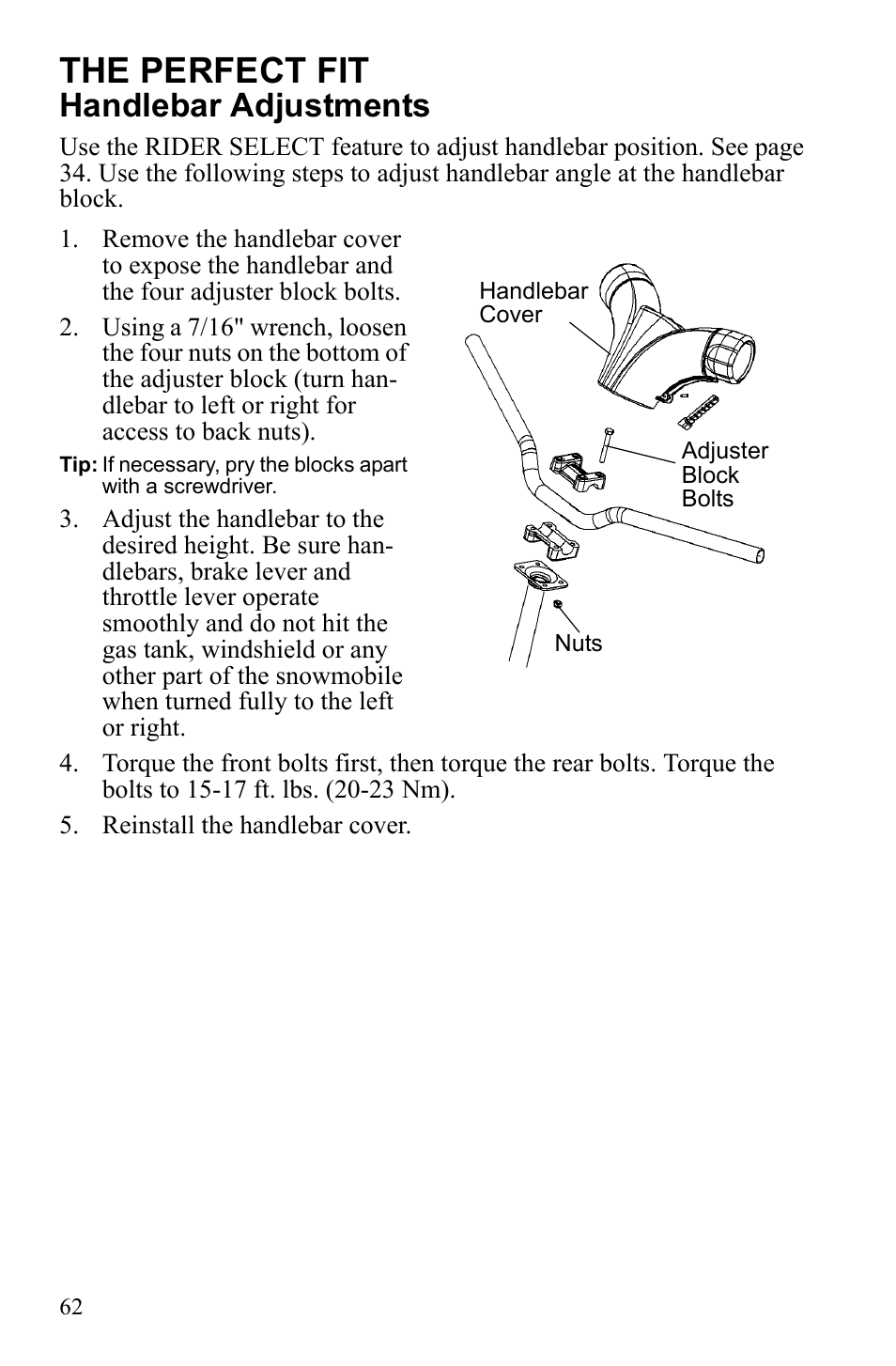 The perfect fit, Handlebar adjustments | Polaris 2010 FST IQ Touring User Manual | Page 65 / 165