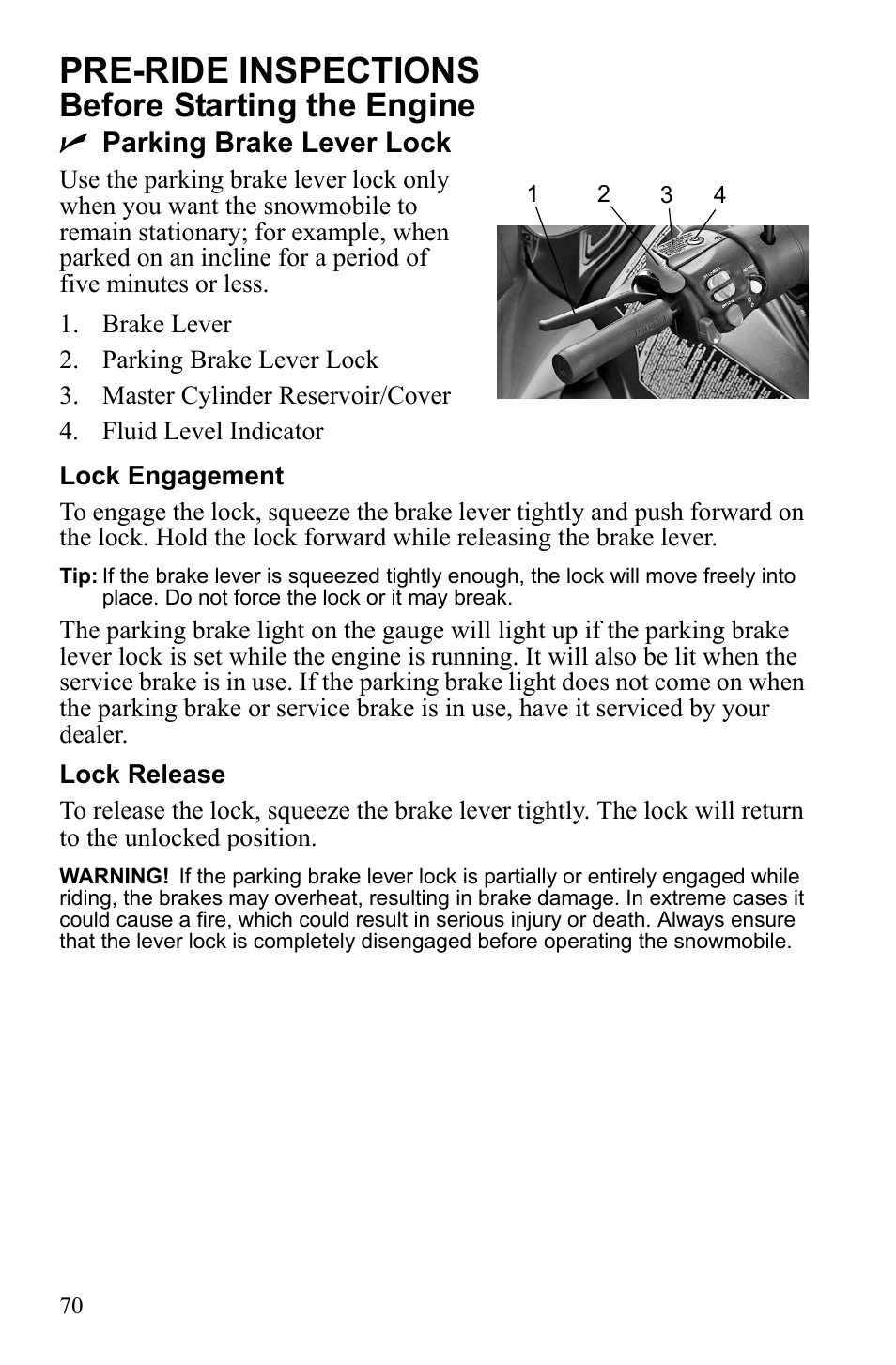 Pre-ride inspections, Before starting the engine, Nparking brake lever lock | Polaris 2010 FST IQ Touring User Manual | Page 73 / 165