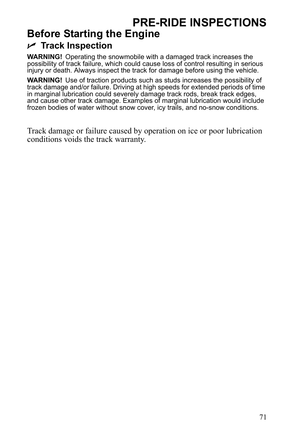 Pre-ride inspections, Before starting the engine, Ntrack inspection | Polaris 2010 FST IQ Touring User Manual | Page 74 / 165