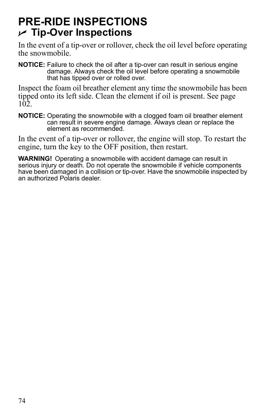 Pre-ride inspections, Tip-over inspections | Polaris 2010 FST IQ Touring User Manual | Page 77 / 165