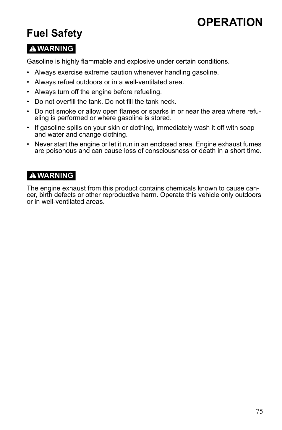 Operation, Fuel safety | Polaris 2010 FST IQ Touring User Manual | Page 78 / 165