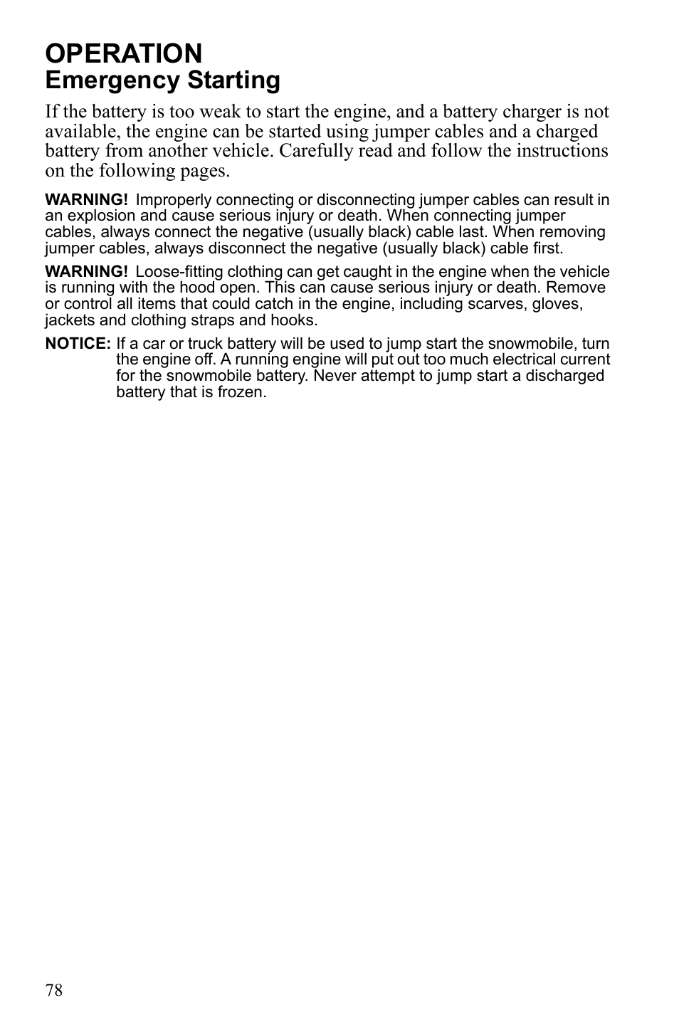 Operation, Emergency starting | Polaris 2010 FST IQ Touring User Manual | Page 81 / 165