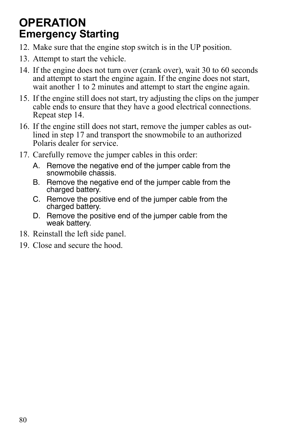 Operation, Emergency starting | Polaris 2010 FST IQ Touring User Manual | Page 83 / 165