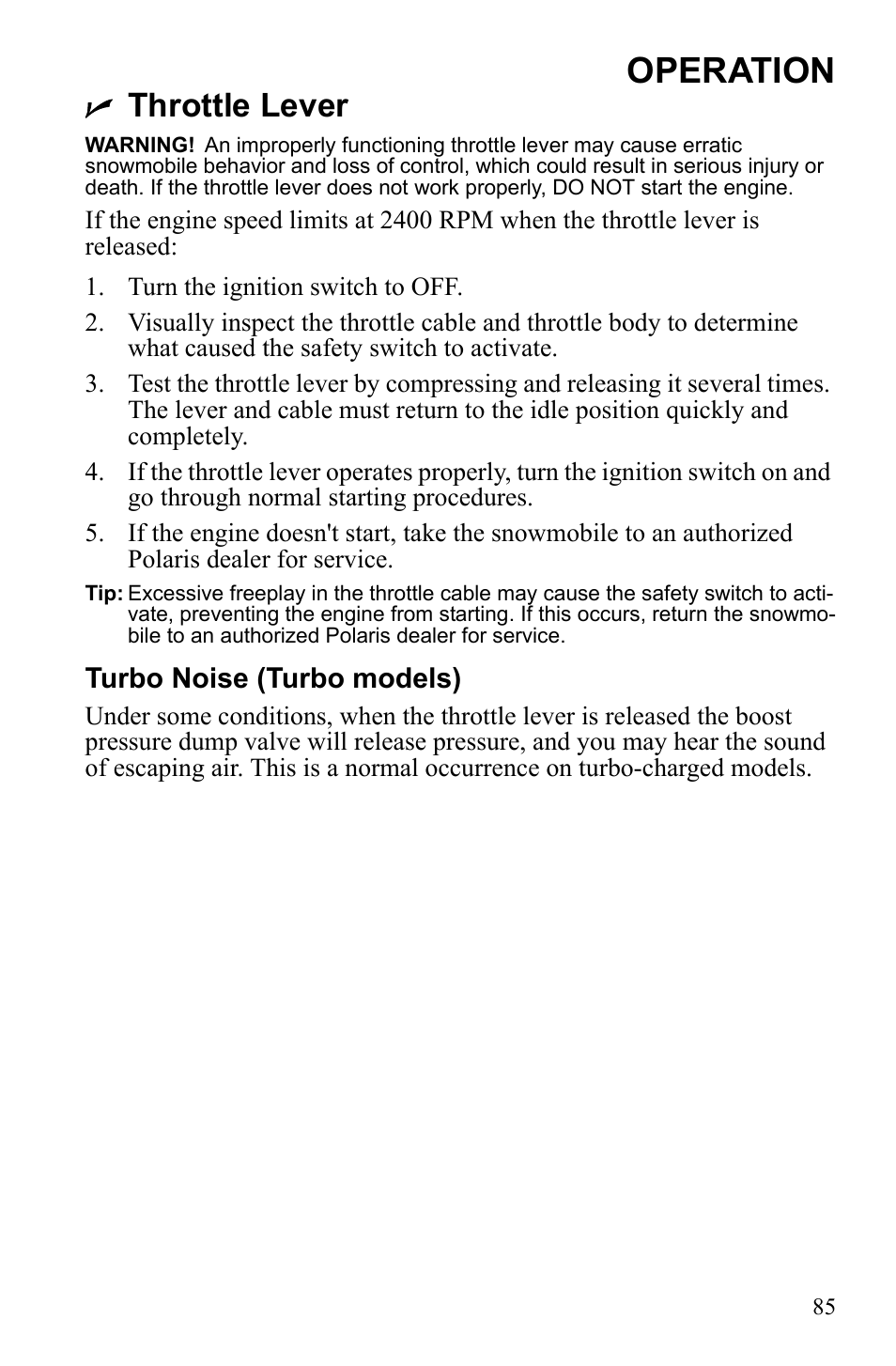 Operation, Throttle lever | Polaris 2010 FST IQ Touring User Manual | Page 88 / 165