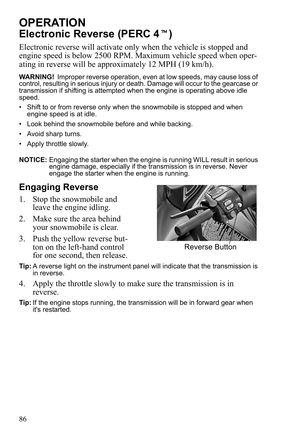 Operation, Electronic reverse (perc 4 t ), Engaging reverse | Polaris 2010 FST IQ Touring User Manual | Page 89 / 165