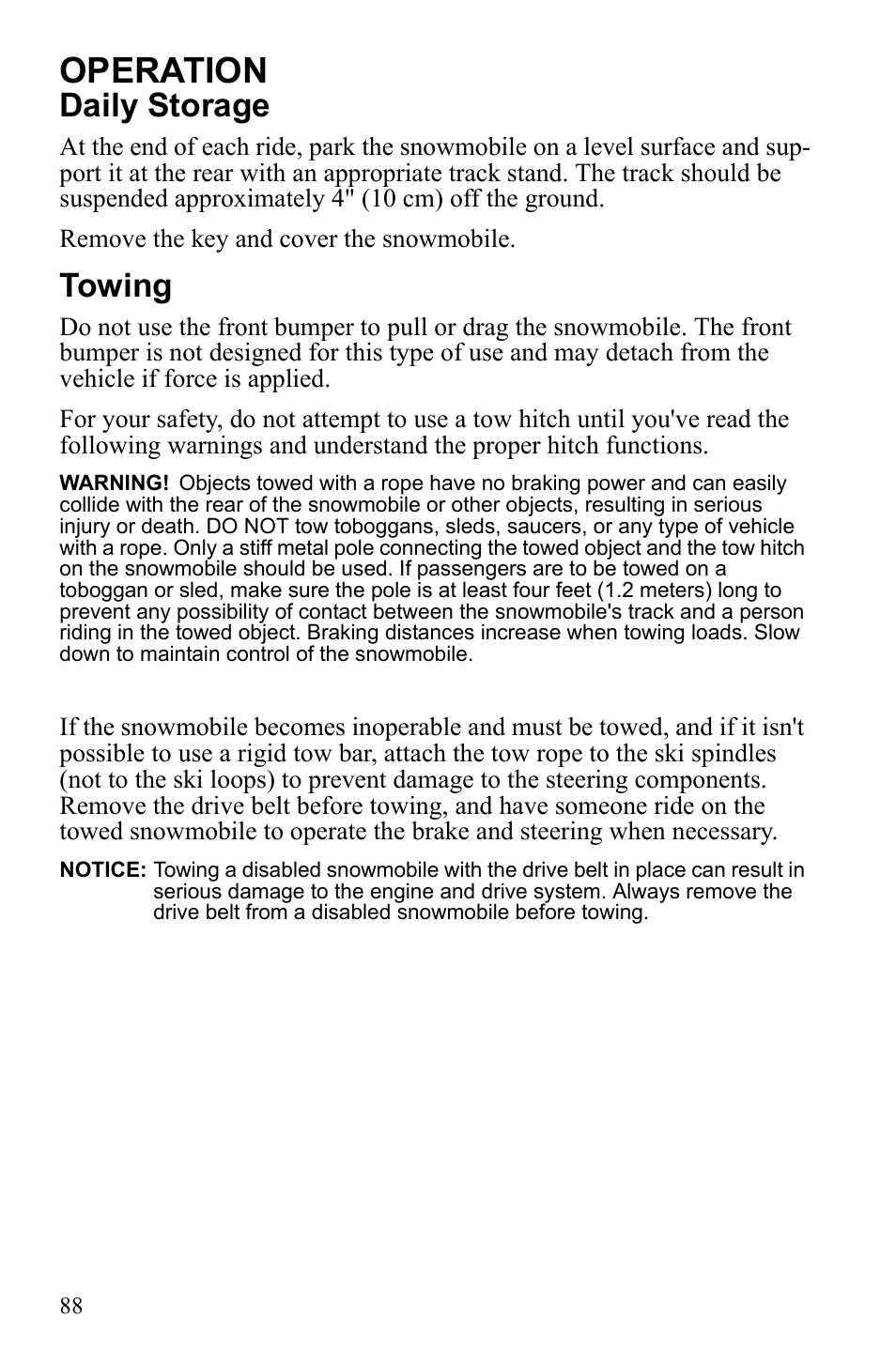 Operation, Daily storage, Towing | Polaris 2010 FST IQ Touring User Manual | Page 91 / 165