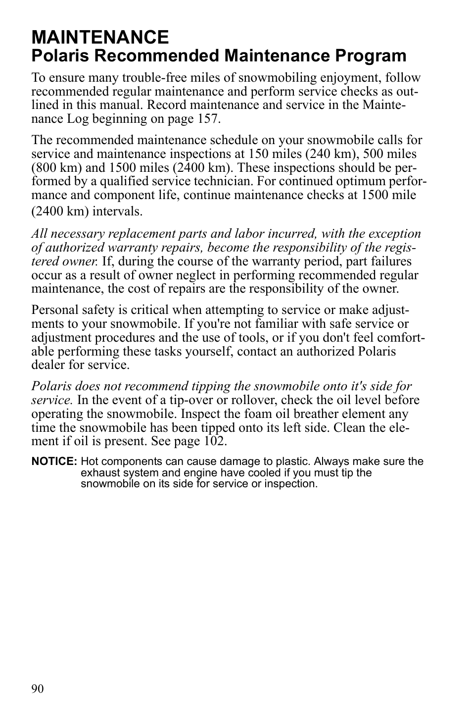 Maintenance, Polaris recommended maintenance program | Polaris 2010 FST IQ Touring User Manual | Page 93 / 165