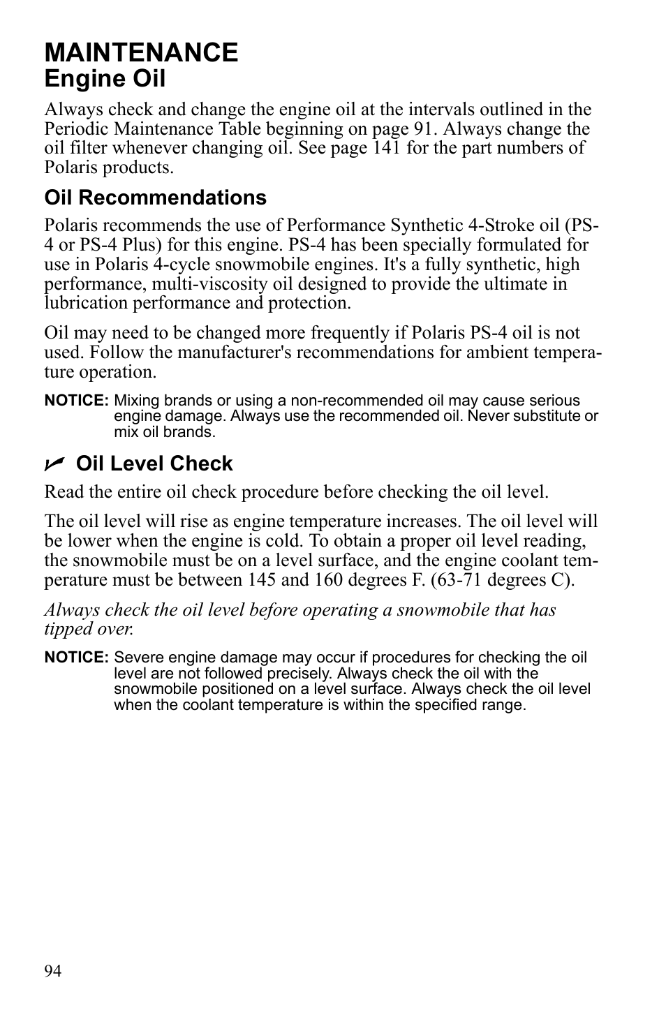 Maintenance, Engine oil | Polaris 2010 FST IQ Touring User Manual | Page 97 / 165