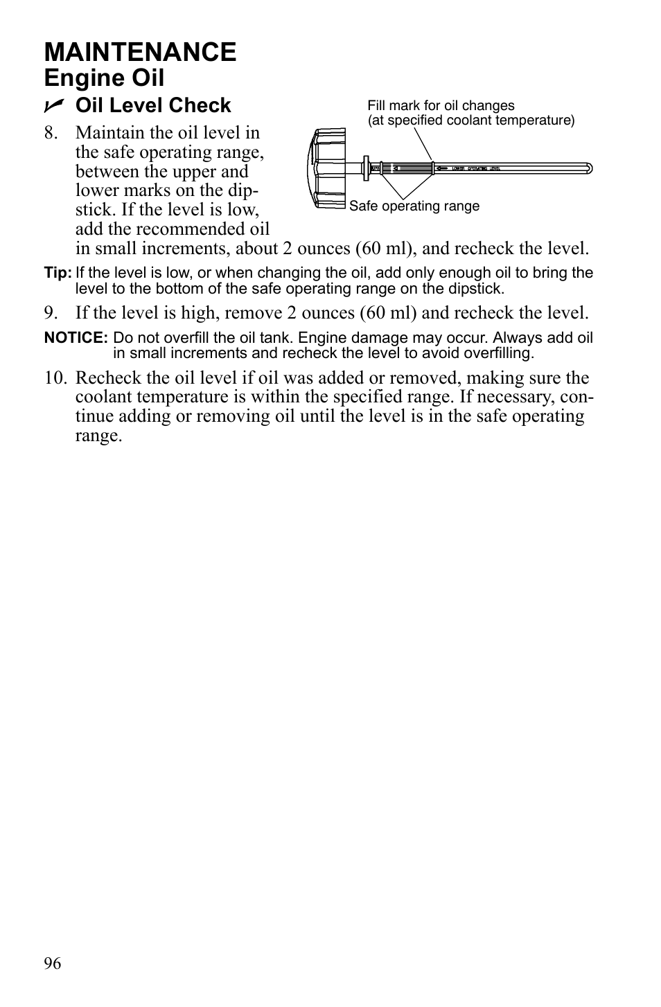 Maintenance, Engine oil, Noil level check | Polaris 2010 FST IQ Touring User Manual | Page 99 / 165