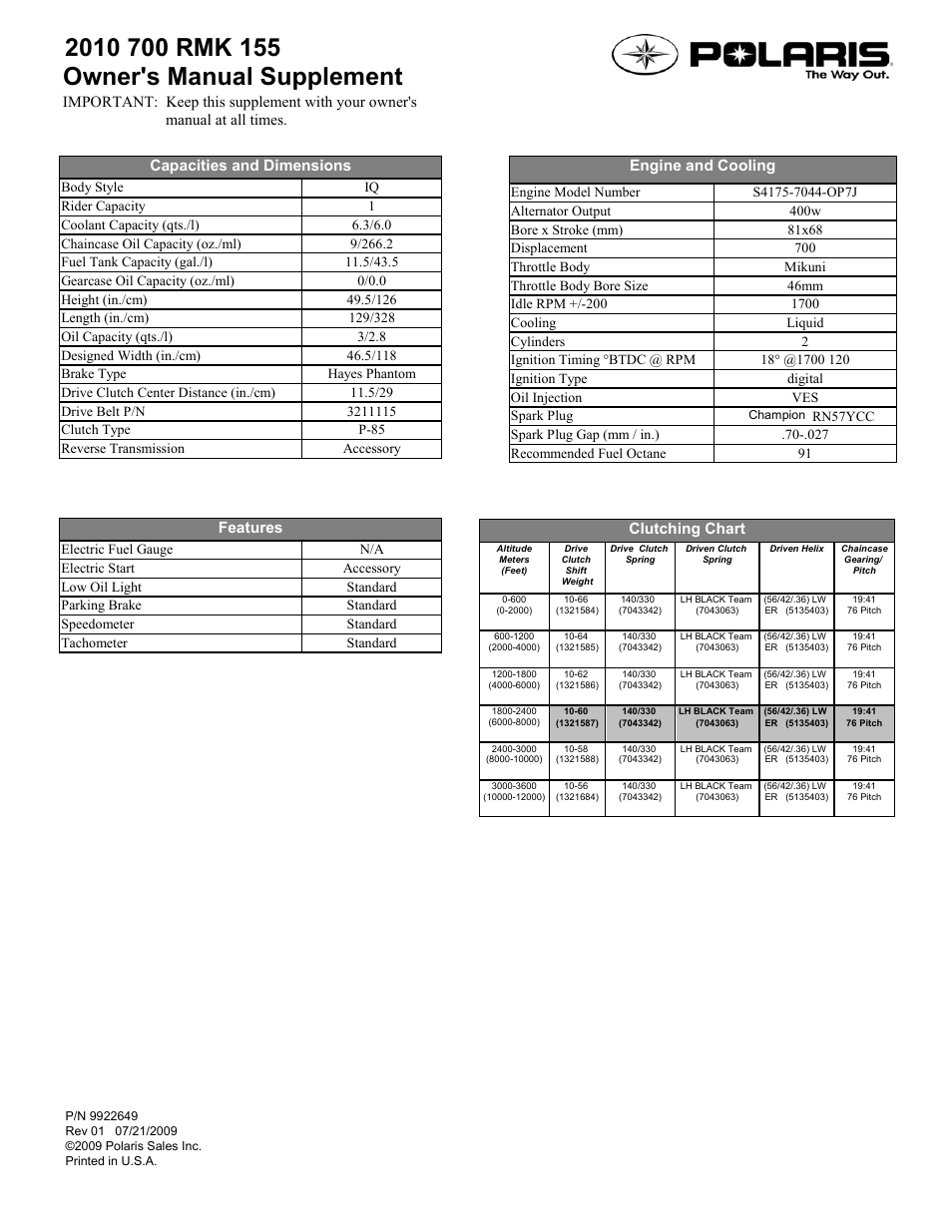 Polaris 2010 700 RMK 155 User Manual | 1 page