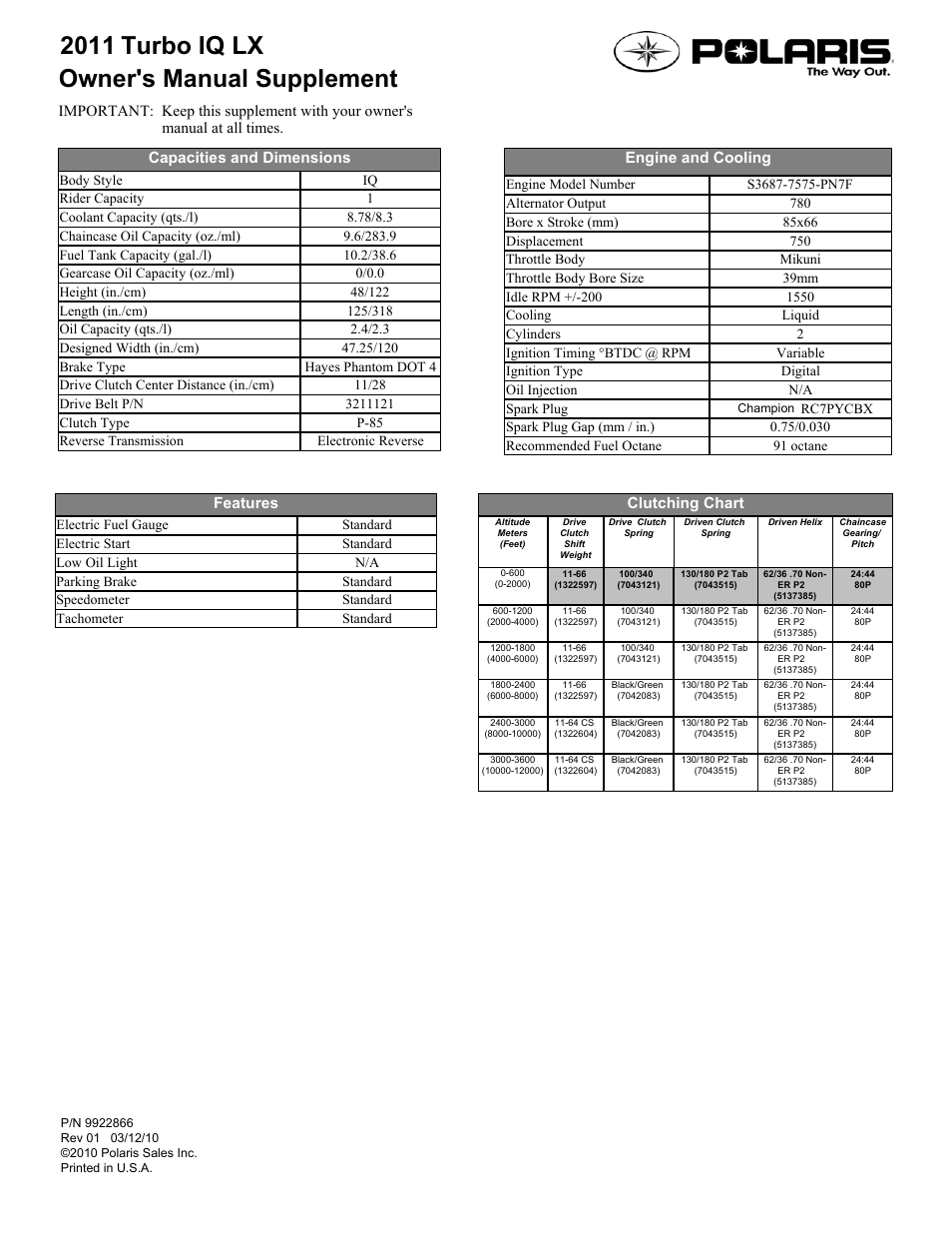 Polaris 2011 Turbo IQ LX User Manual | 1 page