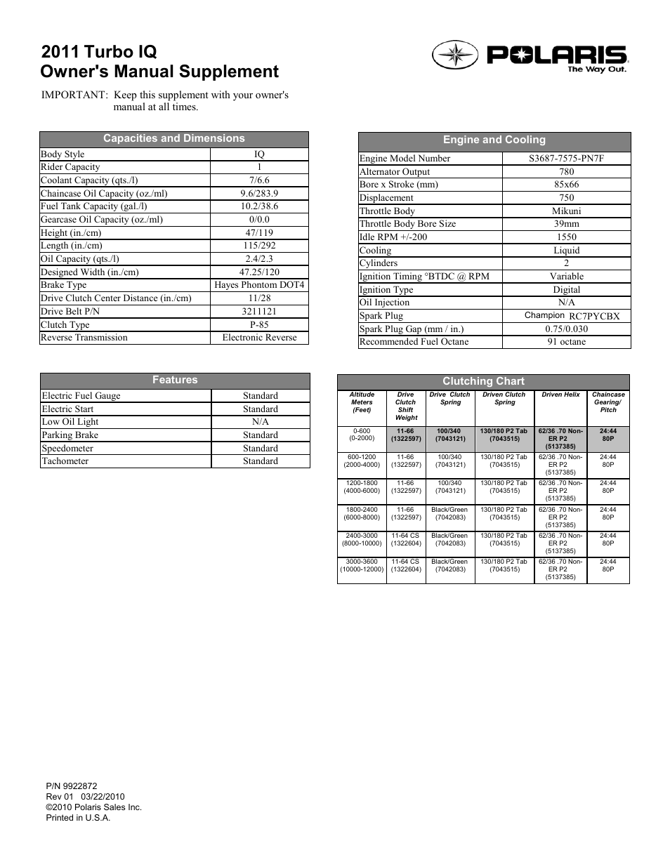 Polaris 2011 Turbo IQ INTL User Manual | 1 page