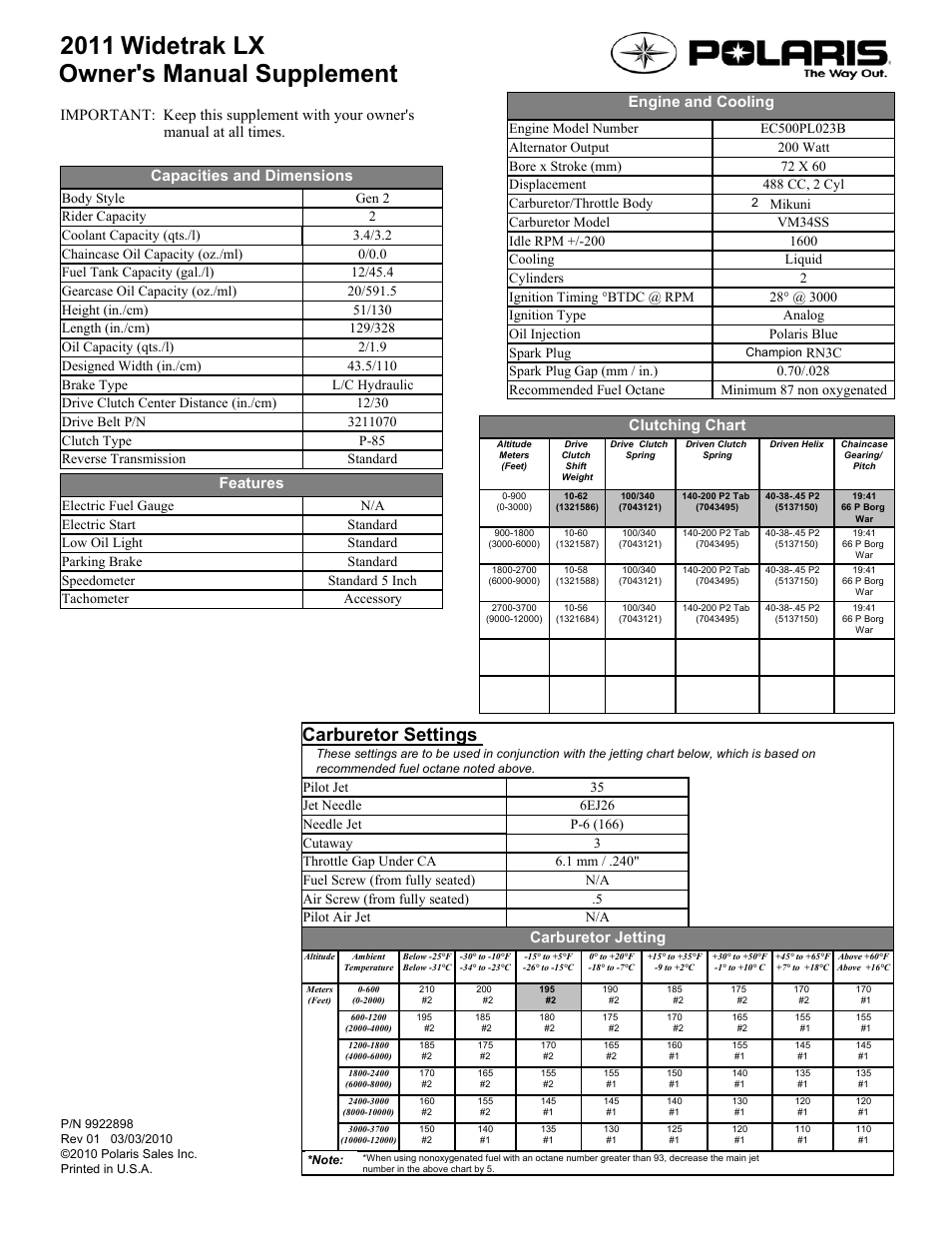 Polaris 2011 Widetrak LX Owner's User Manual | 1 page