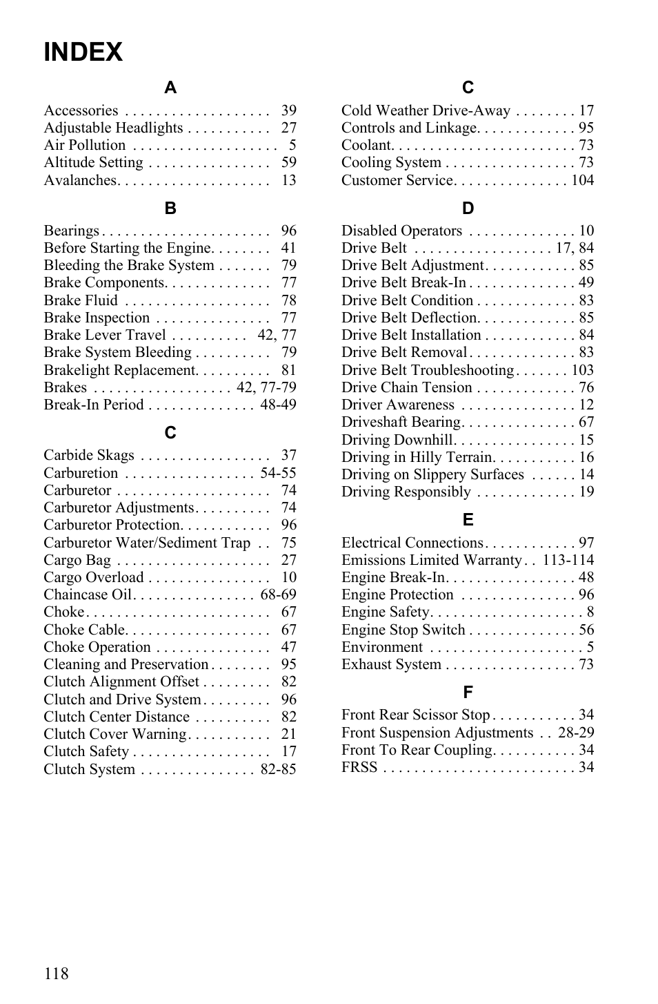 Index | Polaris 2011 550 IQ Shift User Manual | Page 122 / 124