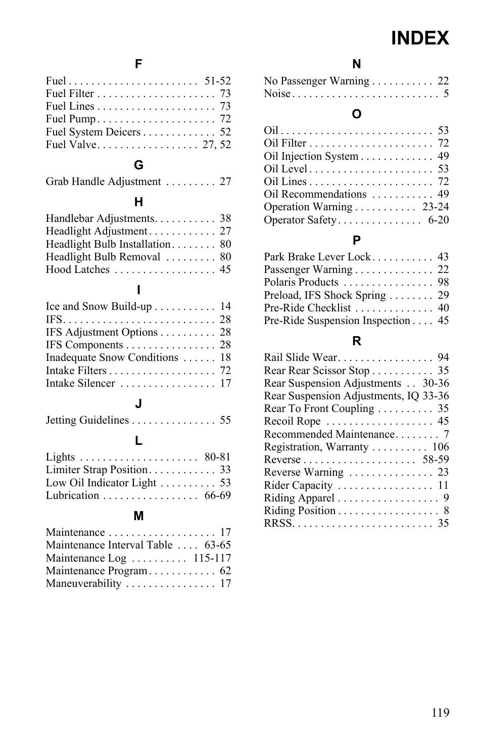 Index | Polaris 2011 550 IQ Shift User Manual | Page 123 / 124