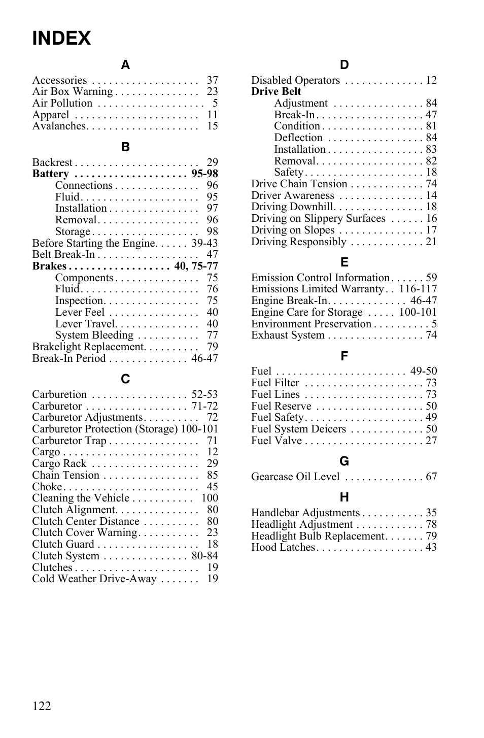 Index | Polaris 2012 WideTrak LX INTL User Manual | Page 126 / 128