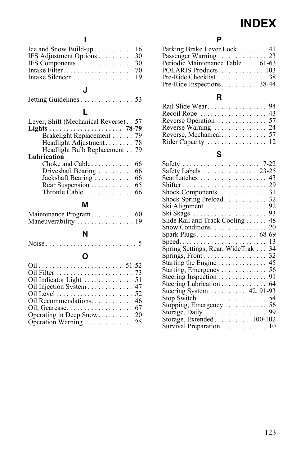 Index | Polaris 2012 WideTrak LX INTL User Manual | Page 127 / 128