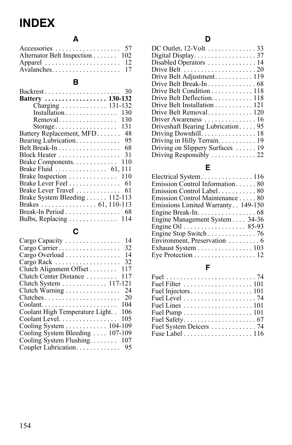 Index | Polaris 2012 FS IQ WideTrak User Manual | Page 158 / 160