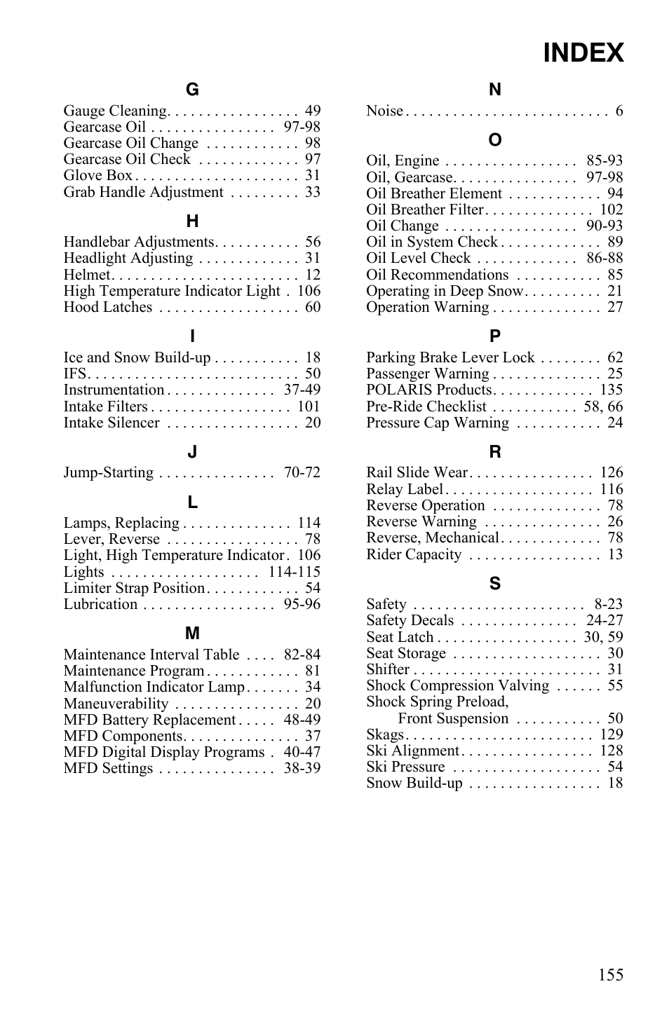 Index | Polaris 2012 FS IQ WideTrak User Manual | Page 159 / 160