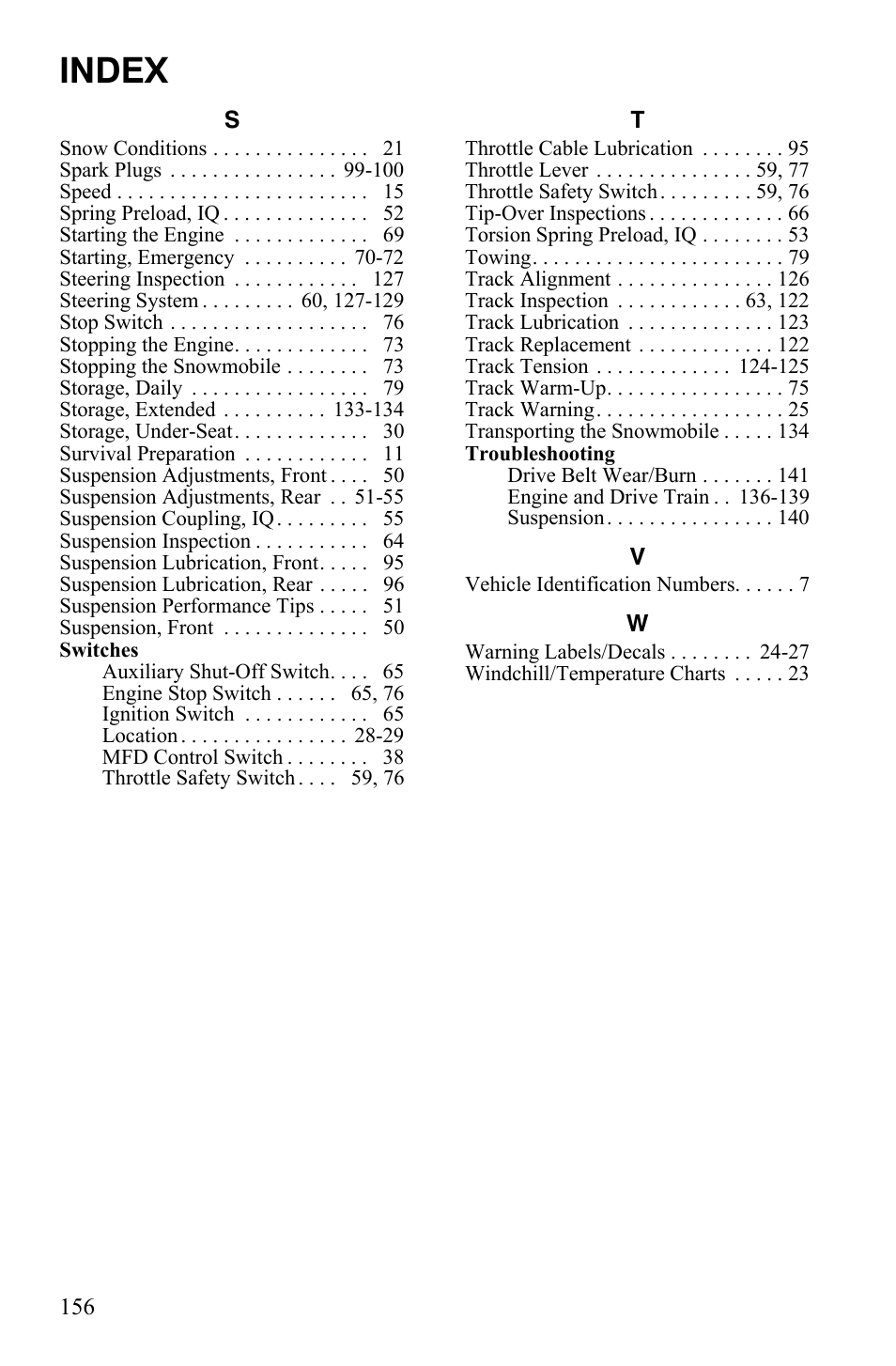 Index | Polaris 2012 FS IQ WideTrak User Manual | Page 160 / 160