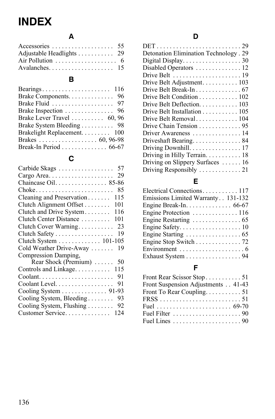 Index | Polaris 2012 600 IQ Shift User Manual | Page 140 / 142