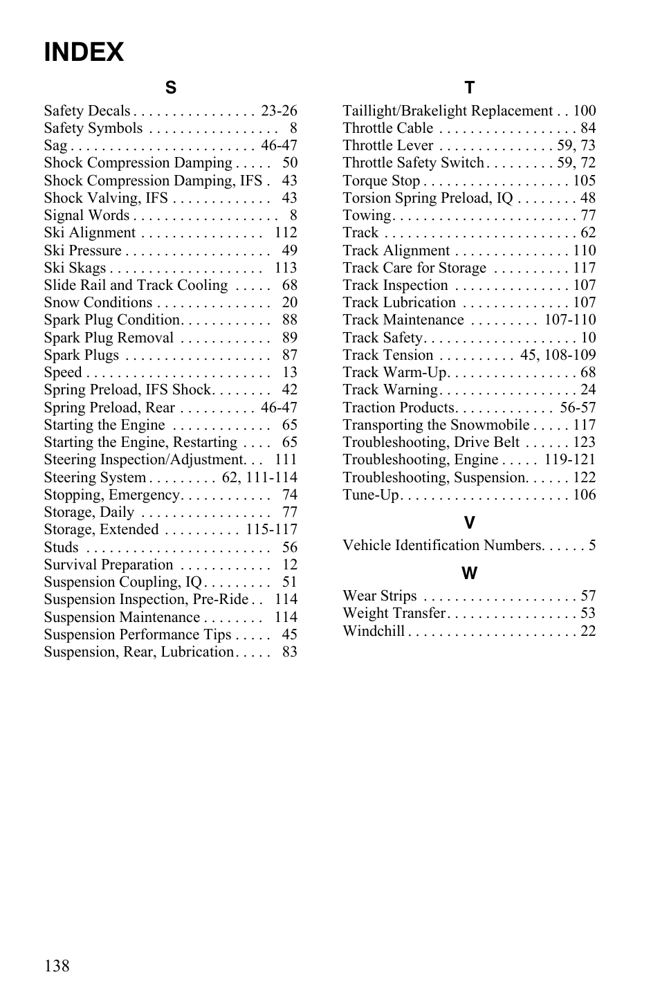 Index | Polaris 2012 600 IQ Shift User Manual | Page 142 / 142