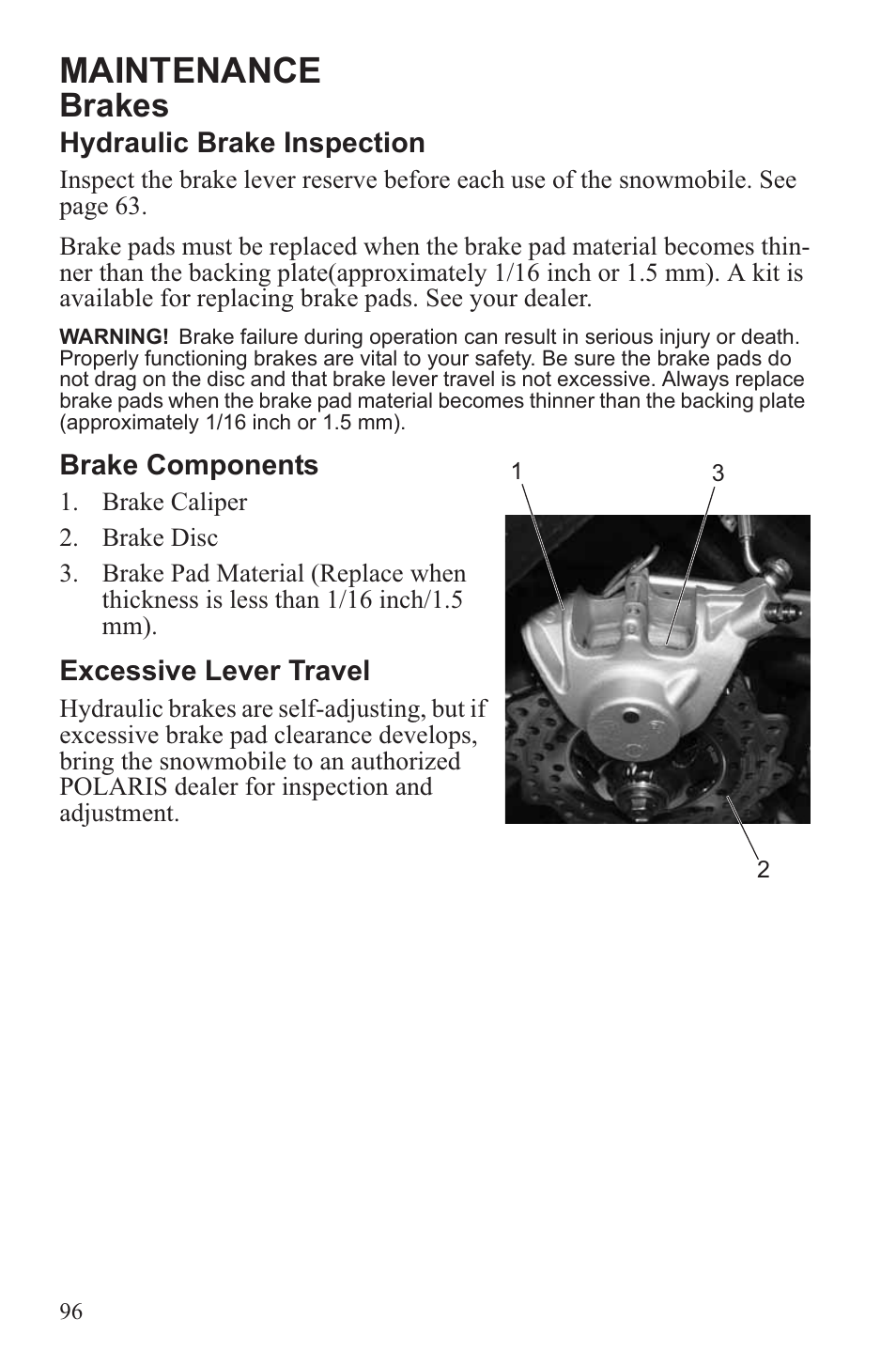 Maintenance, Brakes | Polaris 2013 600 Switchback User Manual | Page 100 / 143