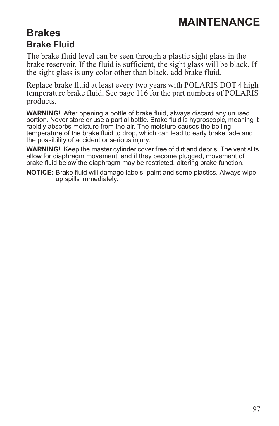Maintenance, Brakes | Polaris 2013 600 Switchback User Manual | Page 101 / 143