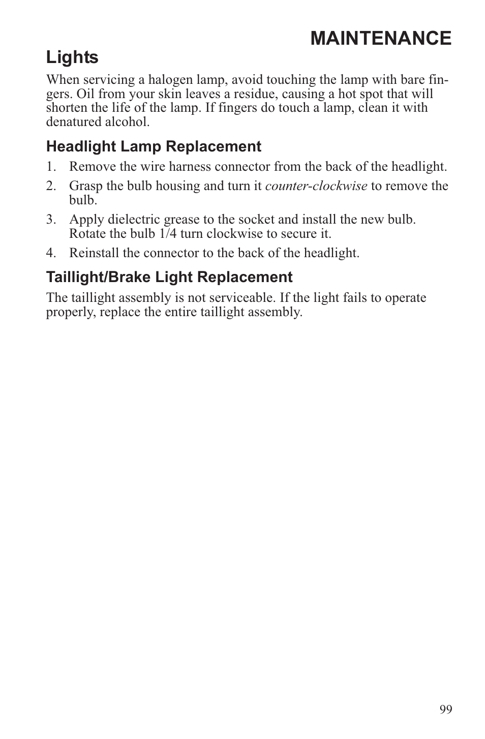 Maintenance, Lights | Polaris 2013 600 Switchback User Manual | Page 103 / 143