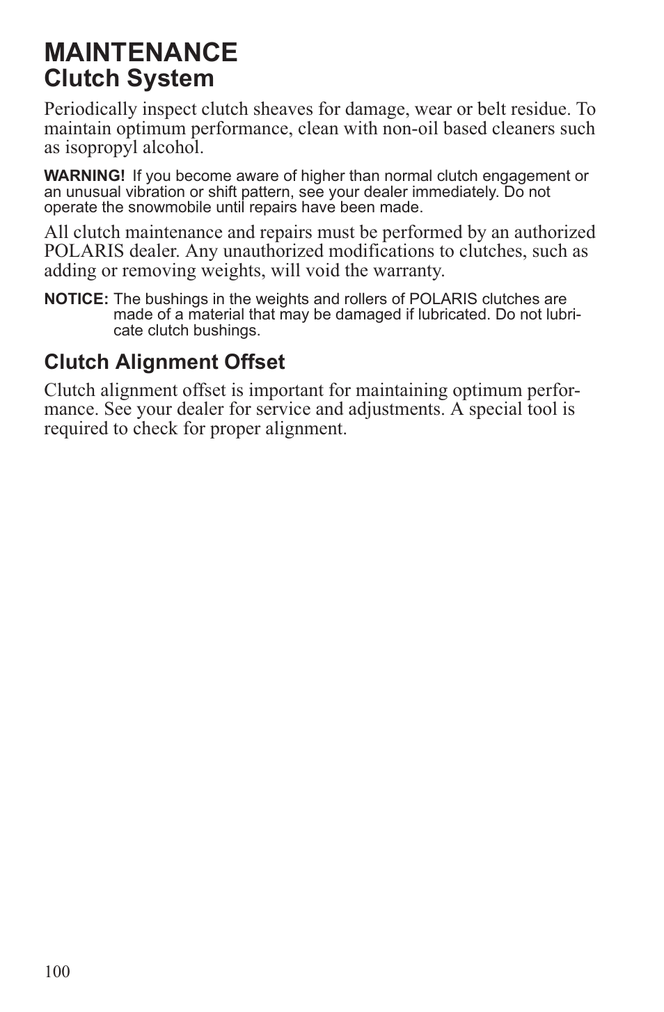 Maintenance, Clutch system | Polaris 2013 600 Switchback User Manual | Page 104 / 143