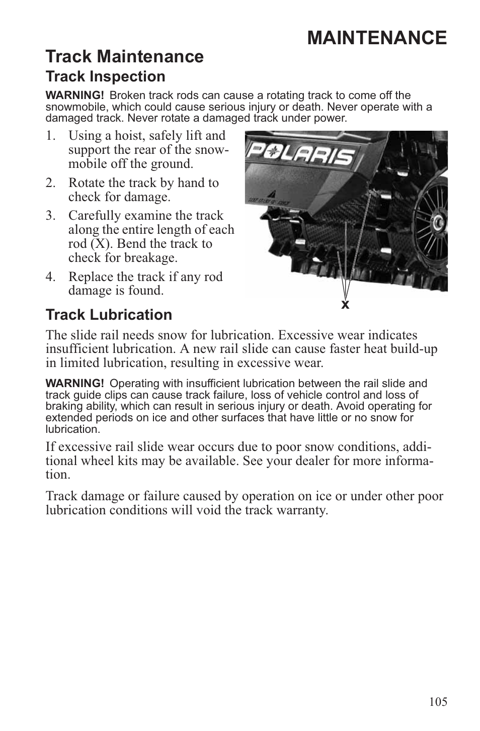 Maintenance, Track maintenance | Polaris 2013 600 Switchback User Manual | Page 109 / 143