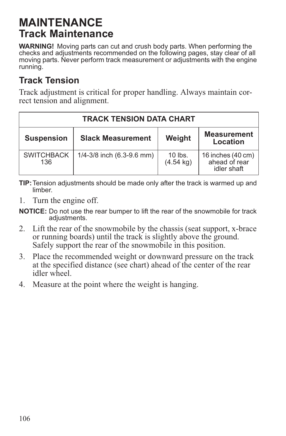 Maintenance, Track maintenance, Track tension | Polaris 2013 600 Switchback User Manual | Page 110 / 143