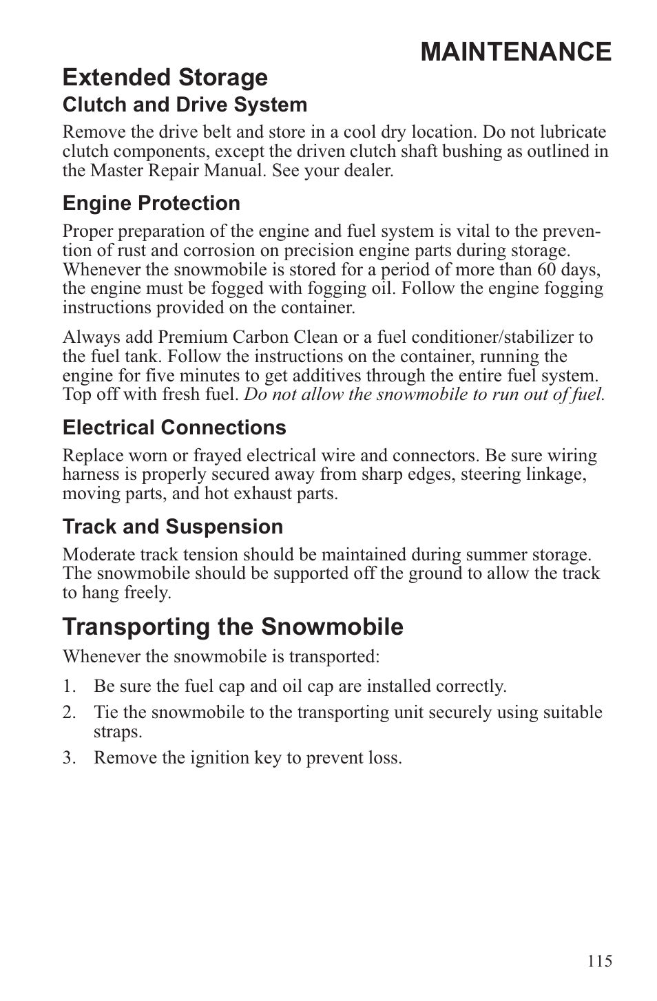 Maintenance, Extended storage, Transporting the snowmobile | Polaris 2013 600 Switchback User Manual | Page 119 / 143