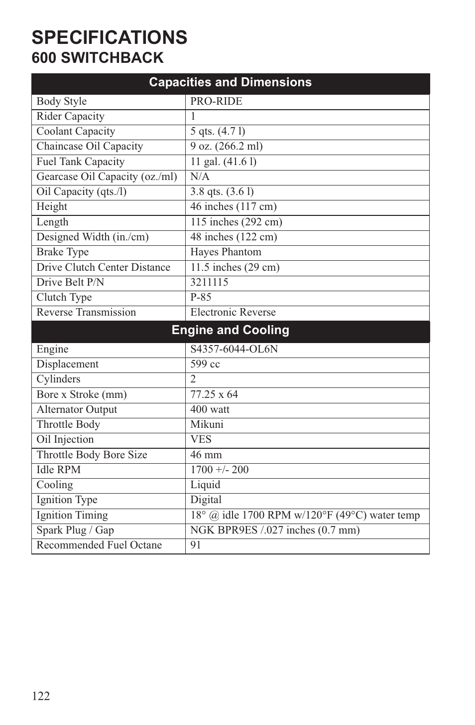 Specifications, 600 switchback | Polaris 2013 600 Switchback User Manual | Page 126 / 143