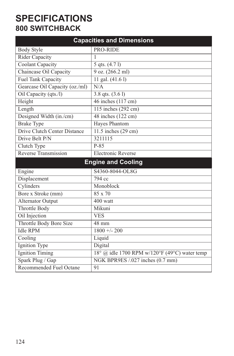 Specifications, 800 switchback | Polaris 2013 600 Switchback User Manual | Page 128 / 143