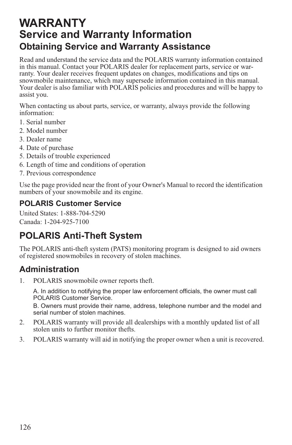 Warranty, Service and warranty information, Obtaining service and warranty assistance | Polaris anti-theft system | Polaris 2013 600 Switchback User Manual | Page 130 / 143