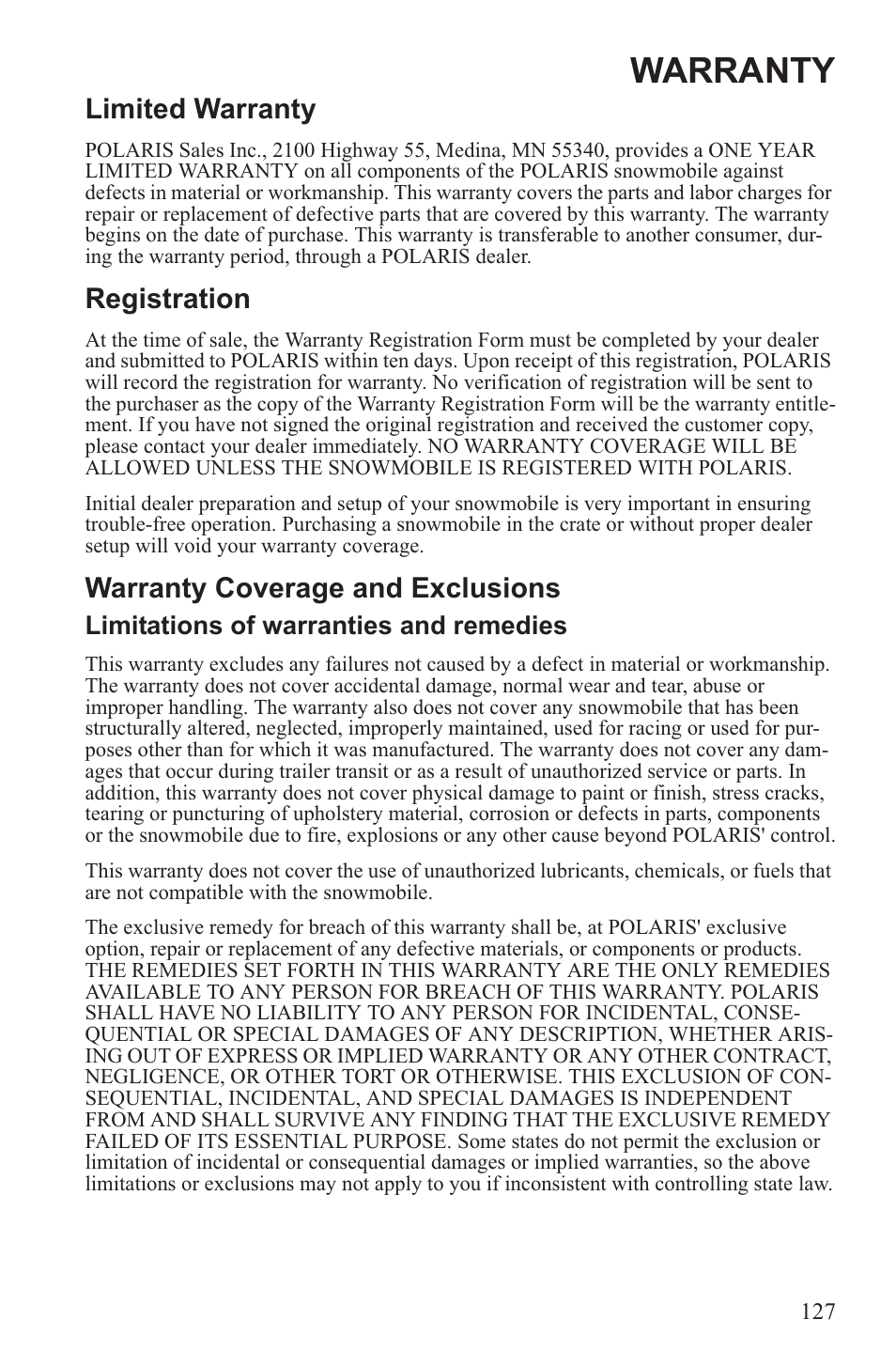 Warranty, Limited warranty, Registration | Warranty coverage and exclusions | Polaris 2013 600 Switchback User Manual | Page 131 / 143