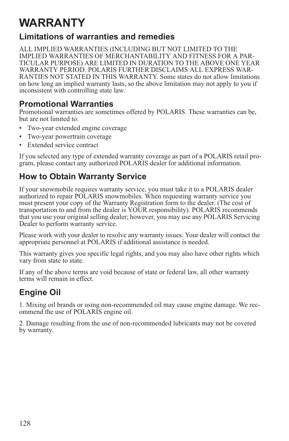 Warranty | Polaris 2013 600 Switchback User Manual | Page 132 / 143