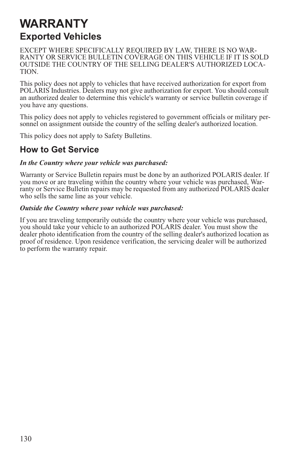 Warranty, Exported vehicles | Polaris 2013 600 Switchback User Manual | Page 134 / 143