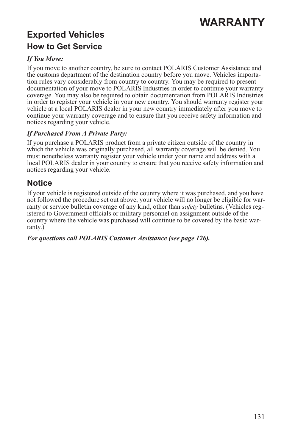 Warranty, Exported vehicles | Polaris 2013 600 Switchback User Manual | Page 135 / 143