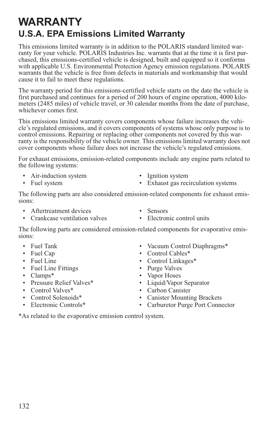 Warranty, U.s.a. epa emissions limited warranty | Polaris 2013 600 Switchback User Manual | Page 136 / 143