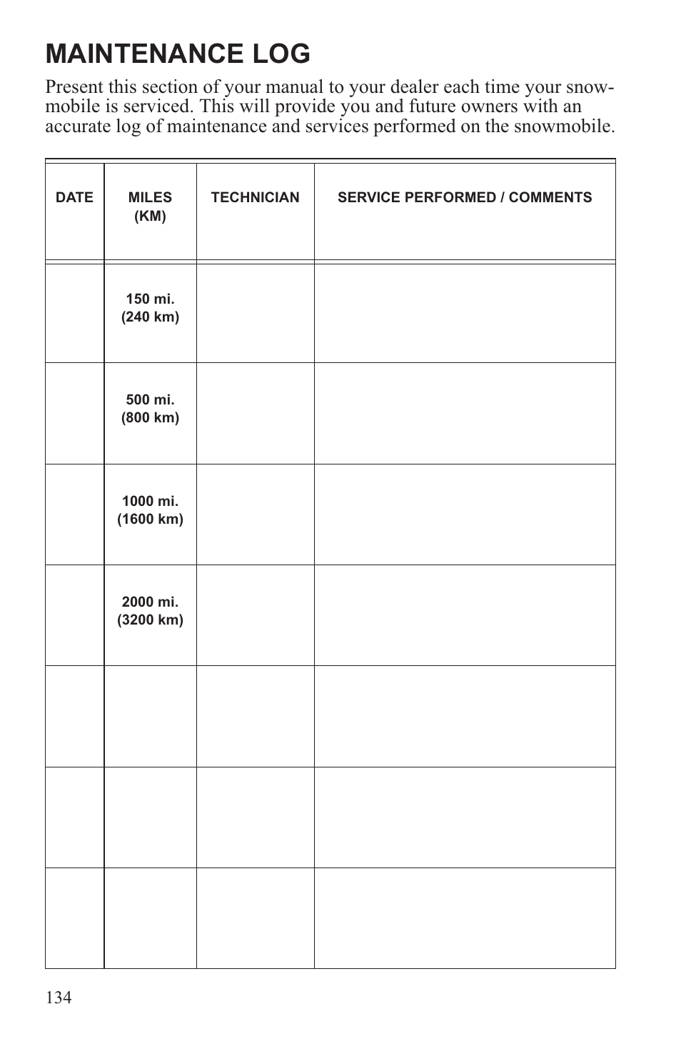Maintenance log | Polaris 2013 600 Switchback User Manual | Page 138 / 143